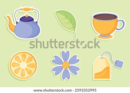 Set of flat tea stickers in cartoon style on green background. Collection of tea icons. Kettle, cup, leaf, lemon, tea bag, flower. Stikers with watercolor effect. Vector illustration.