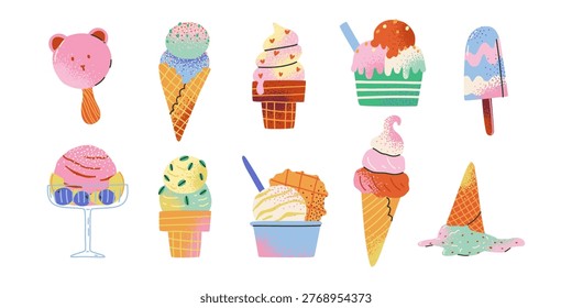 Set of flat textured hand drawn variation ice cream. Sweet icecream, cold milk snack for kids. Ball of sorbet, gelato, juice. Frozen summer dessert in glass.
