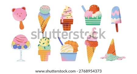 Set of flat textured hand drawn variation ice cream. Sweet icecream, cold milk snack for kids. Ball of sorbet, gelato, juice. Frozen summer dessert in glass.