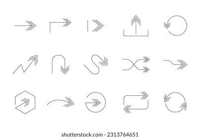 Set of flat thin line arrows icon isolated on white background. Collection of different arrow sign. Vector illustration.