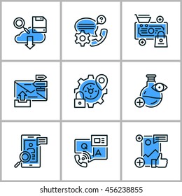 Set of flat thin line design icons of internet marketing and business. Vector illustration concepts for graphic and web design and development.