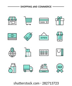 conjunto de iconos planos de línea delgada sobre el tema de la compra y el comercio, ilustración vectorial