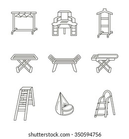Set of flat thin line vector icons for furniture. Ironing board, clothes rack, tables, hanger and other object of laundry, atelier or home interior. Design elements for website, mobile and business.