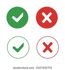 Set of flat and thin linear buttons "checkmark" and "close".
Green checkmark and red cross on isolated background. EPS10. Vector.