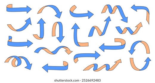 Set of flat thin two-color double-sided purple-orange arrows in form of bent ribbons. Vector illustration of symbols for presentation of diagrams, tables, statistical data on white background.