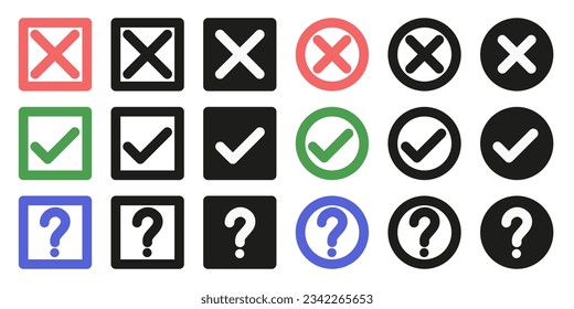 A set of flat ticks and crosses and a question mark in a square and in a circle. Vector graphics. ESP 10.