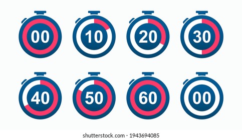 Set of flat timers. Countdown timers at intervals of ten minutes. Label cooking time. Sport clock. Vector illustration 