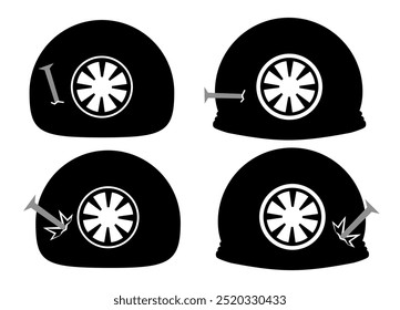 Set of flat tires pierced by a nail. Flat vector illustration.	