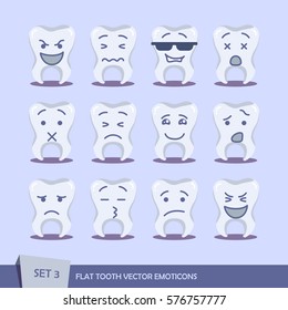 Set of flat tooth outline emoticons. Isolated vector illustration on white background. Dent emoji