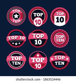 Set of flat top ten badges with pink color design, various top 10 sign collection template vector