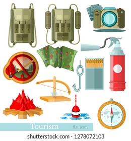 Set of flat tourism icons isolated on white