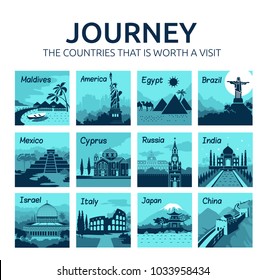 Set of flat travel banners with different countries of world. Travel and tourism. Journey. Countries that is worth visit
