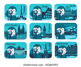 Set of flat travel icons with different countries of the world. Travel and tourism