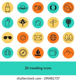 Set of flat traveling icons in black color. Vector illustration.