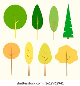 Set of flat tree icons isolated on an off-white background. Summer and fall