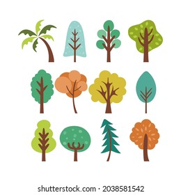 conjunto de diseño de ilustración de árbol plano, plantilla de colección de árbol colorido vector