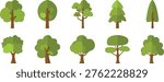 Set of Flat Tree Vector Collection Isolated on White Background, Simple Green Nature Illustration