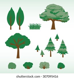 Set of flat trees, bushes and grass