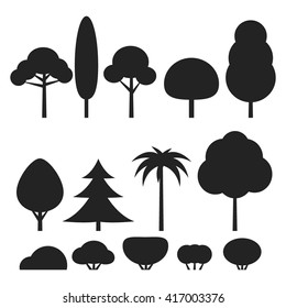 Set Of Flat Trees And Bushes, Vector Icon,  Black Silhouette Isolated On A White