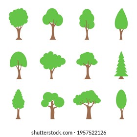 Set of flat trees. Collection green tree icons. Vector illustration.