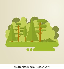 Set of flat trees in a forest. Woods, grass, bushes, pine-tree.