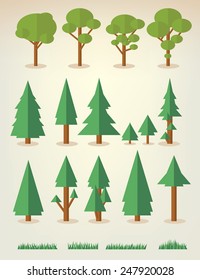 set of flat trees and grass including pine and deciduous trees