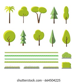 set of flat trees and grass including flowerbed. Collection for landscape creating.