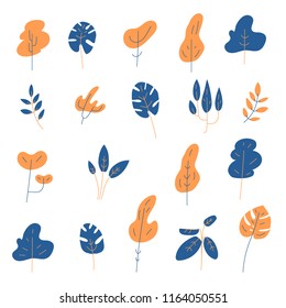 set of flat trees, plants, leaves, vector illustration