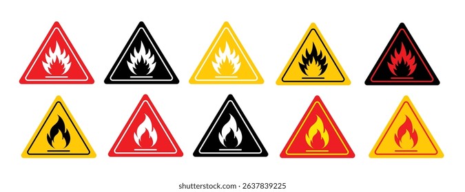 
Set of Flat Triangular Fire Hazard Warning Signs – Yellow and Black Caution Symbols with Fire Icon

