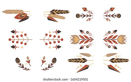 Set of flat tribal natural dividers. Horizontal elements for frames. Geometric flowers and branches. Vector native element for greeting cards, invitations and your creativity.