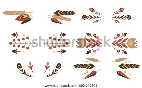 Set of flat\
tribal natural dividers. Horizontal elements for frames. Geometric\
flowers and branches. Vector native element for greeting cards,\
invitations and your\
creativity.