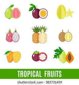 Set Of Flat Tropical Fruits.  Isolated Objects.  Modern Flat Design.  Vector Illustration