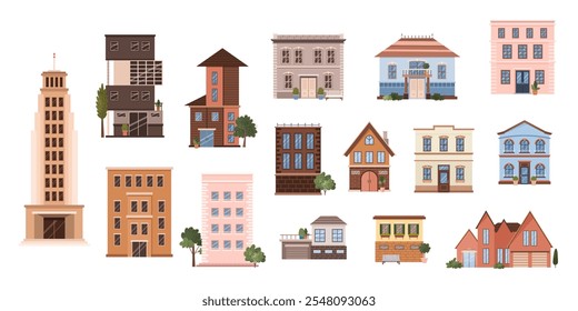 Set of flat urban and countryside building icons. Isolated skyscraper, apartment building, cottage, country house, villa on white background. Flat illustrations of urban and suburban life. Clip art.