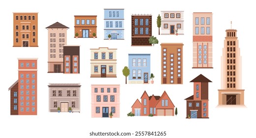 Set of flat urban and countryside building icons. Isolated skyscraper, apartment building, cottage, country house, villa on white background. Flat illustrations of urban and suburban life. Clip art.