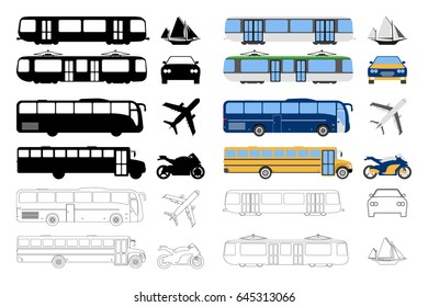 Set of flat urban transport icon. Cartoon, Outline, Silhouette Vector illustration.