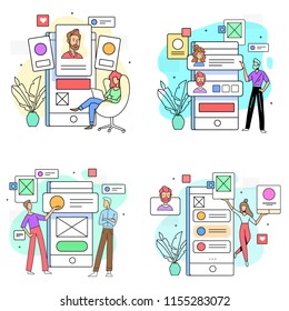 a set of flat user illustrations with a mobile application and interface elements