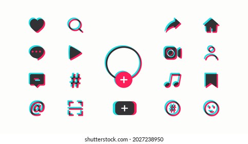 Set of flat user interface icons drawn in glitch color style and isolated on white background. Vector illustration 