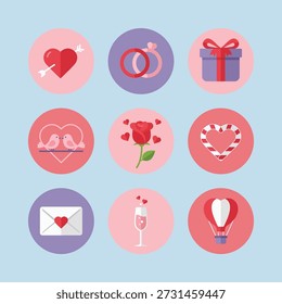 Set of flat Valentine's Day icons. Collection of romantic vector elements including hearts, roses, rings, love letters, gift boxes, and champagne. Soft pastel colors circles design for wedding, romance, or dating apps