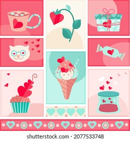 Set of flat valentines icons in pastel caramel colors with romantic symbols. Cakes and strawberry with coffee cup and mashmellow for february holiday stickers. Love elements in light pink and beige.