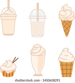 set flat of vanilla desserts and drinks. Cupcake, milkshakes, ice cream. on white background.