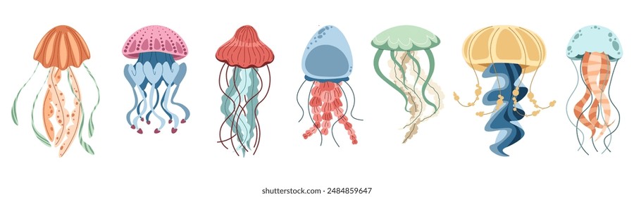 Conjunto de variedad plana de medusas sobre un fondo blanco. Ilustración vectorial de criaturas marinas al estilo doodle. Conveniente para la decoración, diseño de la etiqueta