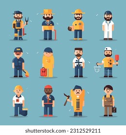 Set of flat various workers in different professions. Include icons representing a doctor, engineer, teacher, chef, and construction worker
