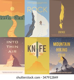 Set of flat vector advertising posters on the theme of Climbing, Trekking, Hiking, Walking. Sports, outdoor recreation, adventures in nature, vacation.Vintage flat design. 