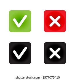 set of flat vector approval buttons: green check marks and red crosses signs. Circle and square, rounded corners Icons. Collection of many different color hooks