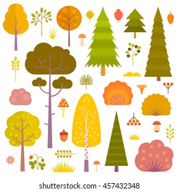 Set of flat vector autumn forest elements: trees, spruce, pine, grass, mushrooms, moss, berries, grass and bushes isolated on transparent background.