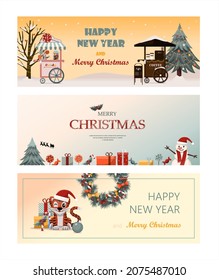 Set of flat vector banners Big Christmas sale. Cartoon Christmas template with festive decorations and food. New Year s card with a Christmas wreath, toys and garlands. Background for postcards and