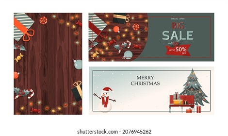 Set of flat vector banners Big Christmas sale. Cartoon Christmas template with festive decorations and food. New Year s card with a Christmas wreath, toys and garlands. Background for postcards and