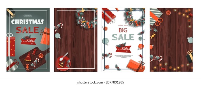 Set of flat vector banners Big Christmas sale. Cartoon Christmas template with festive decorations and food. New Year s card with a Christmas wreath, toys and garlands. Background for postcards and