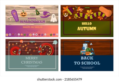 Set of flat vector banners for Christmas, autumn,halloween, school. Cartoon holiday template with festive decorations and food. New Year s card with a Christmas wreath, toys and garlands. Background f