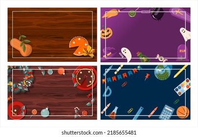 Set of flat vector banners for Christmas, autumn,halloween, school. Cartoon holiday template with festive decorations and food. New Year s card with a Christmas wreath, toys and garlands. Background f